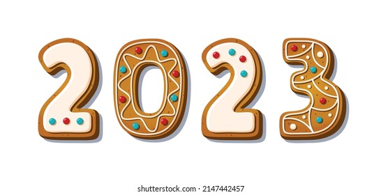 Gingerbread cookie numerals on sticks with phrase 2023 in cartoon style. Sweet biscuit in new year message isolated on white background. Cute number Vector illustration