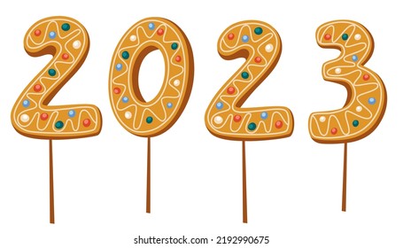 Gingerbread cookie numerals on sticks with phrase 2023. Sweet biscuit in new year message. Christmas sweets. Hand drawn vector illustrations isolated on the white background. 