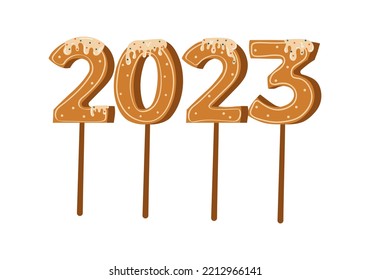 Gingerbread cookie numerals on sticks with phrase 2023 in cartoon style. Vector illustration.