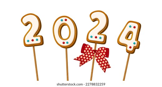 Gingerbread cookie numerals on sticks with phrase 2024 in cartoon style. Sweet biscuit with red bow in new year message isolated on white background. Christmas numbers Vector illustration