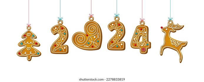 Gingerbread cookie numerals on sticks with phrase 2024 in cartoon style. Sweet biscuit christmas tree, heart and reindeer in new year message isolated on white background. Vector illustration