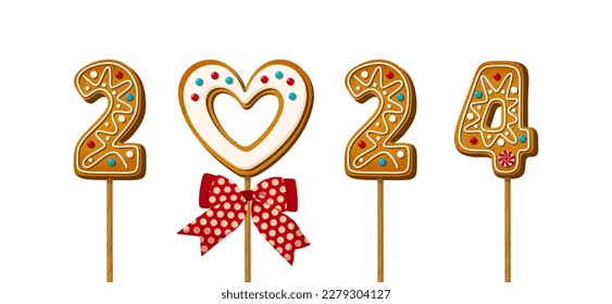 Gingerbread cookie numerals on sticks with phrase 2024 in cartoon style. Sweet biscuit new year message isolated on white background. Christmas numbers on vector illustration