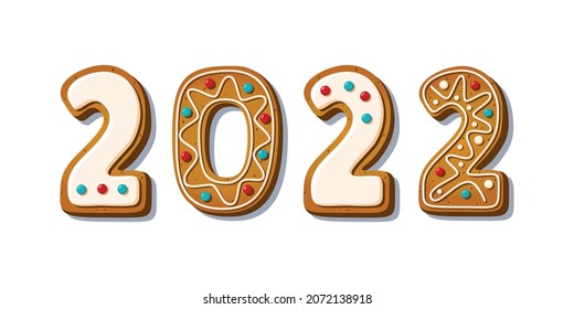 Gingerbread cookie numerals with phrase 2022 top view in cartoon style. Sweet biscuit in new year message isolated on white background. Vector illustration