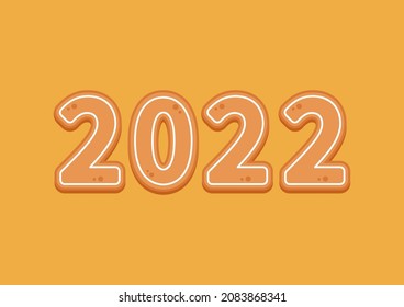 Números de galletas de pan de jengibre con la frase 2022 vista superior. Dulce galleta en un mensaje de año nuevo aislado en el fondo amarillo.