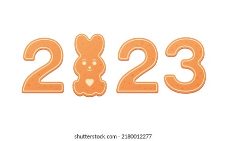 Gingerbread cookie numerals with phrase 2023 top view in cartoon style. Sweet biscuit in new year message isolated on white background. Vector illustration