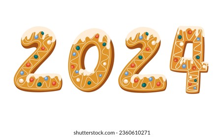 Gingerbread cookie numerals with phrase 2024 in cartoon style. Sweet biscuit with red bow in new year message isolated on white background. Christmas numbers Vector illustration