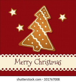 Gingerbread cookie on knit textile background. Merry Christmas Greeting Card. Vector Illustration