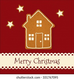 Gingerbread cookie on knit textile background. Merry Christmas Greeting Card. Vector Illustration