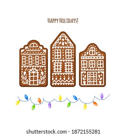 Gingerbread cookie on a white background. Christmas cookies in the form of houses. Vector cartoon biscuit. Flat design. Icons isolated.