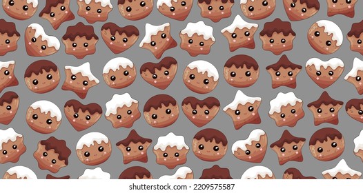 Gingerbread cookie pattern. Christmas  cookies background. Christmas sweets texture. Cute kawaii cookies. Gingerbread man wallpaper. Christmas textile, fabric texture.Gingerbread house, glazed cookie 