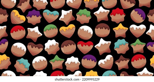 Gingerbread cookie pattern. Christmas  cookies background. Christmas sweets texture. Cute kawaii cookies. Gingerbread man wallpaper. Christmas textile, fabric texture.Gingerbread house, glazed cookie 