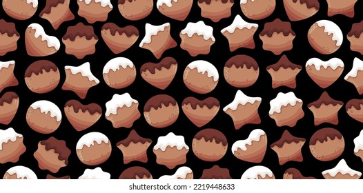 Gingerbread cookie pattern. Christmas  cookies background. Christmas sweets texture. Cute kawaii cookies. Gingerbread man wallpaper. Christmas textile, fabric texture.Gingerbread house, glazed cookie 