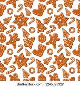 Gingerbread cookie pattern. Christmas objects: Christmas tree, gingerbread man, star, Christmas stocking. New Year decorations, items, symbols, icons.