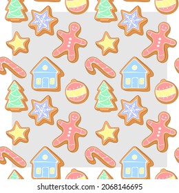 Gingerbread cookie pattern. Colored vector drawings. You can change the color of the pattern and background.