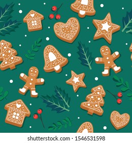 Gingerbread cookie pattern. Festive background with leaves and berries. Vector illustration in flat style