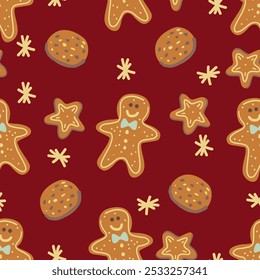 Gingerbread cookie seamless pattern. Christmas sweets on red background. 