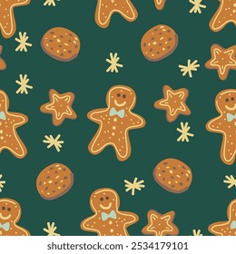 Gingerbread cookie seamless pattern. Christmas sweets on green background. 