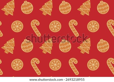 Gingerbread cookie seamless pattern on red background. Christmas print for fabric and wrapping paper. Flat vector illustration