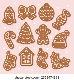 gingerbread cookie set, Christmas biscuits or Lebkuchen, vector decorative elements