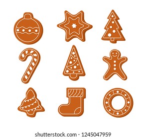 Gingerbread cookie set. Christmas objects: Christmas tree, gingerbread man, star, Christmas stocking. New Year decorations, items, symbols, icons.