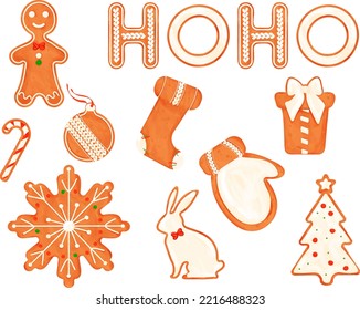 Gingerbread cookie set for Christmas. Vector illustrations of watercolor style gingerbread in white icing. Gingerbread classic decorated cookies. New Year's Eve cookies. Holiday winter symbols.