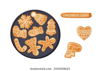 Gingerbread Cookie Set. Collection of Festive Gingerbread Treats Featuring Various Shapes, Icing Designs, Holiday Themes for Celebrating Christmas, Baking, Sweet Seasonal Decor. Winter Holiday symbol.