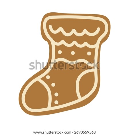 Gingerbread cookie in the shape of a Christmas stocking decorated with icing details