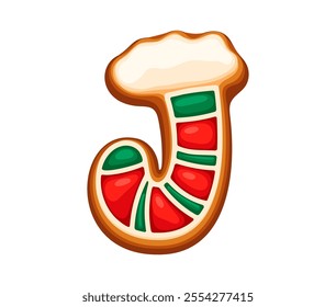 Gingerbread cookie in shape of letter J adorned with red and green icing. Cartoon vector Christmas cookie font, xmas typeface, new year type, english pastry alphabet for festive or holiday celebration