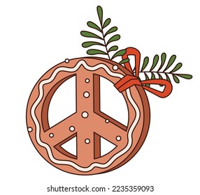 Gingerbread cookie in the shape of a peace symbol. In a trendy groove style. Vibes 70s. For prints, postcards, posters.