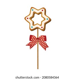 Gingerbread cookie in shape of star on wooden stick in cartoon style. Cake pop with sweet biscuit for festive decoration isolated on white background. Vector illustration