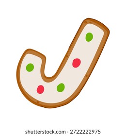 Galleta de jengibre en forma de bastón de caramelo, decorada con glaseado blanco y coloridas rociadas rojas y verdes, que representan golosinas festivas y dulces celebraciones de temporada
