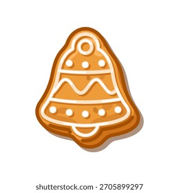 Galleta de jengibre en forma de campana de Navidades con decoración de glaseado blanco, aislado sobre fondo blanco