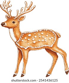 Gingerbread cookie shaped like a deer with white icing details. Watercolor hand-painted illustration isolated on white background.