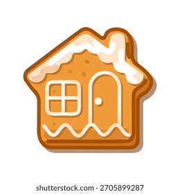 Galleta de jengibre en forma de una casa con glaseado blanco nevado, festivo y acogedor, aislado en el fondo blanco