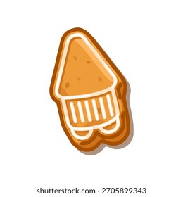Gingerbread cookie shaped like a pencil with white icing decoration, isolated on white background