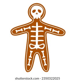 Gingerbread cookie with a skeleton vector isolated. Halloween holiday dessert. Cleberation of a spooky autumn festive. Delicious food.