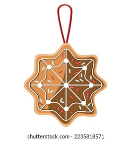 Gingerbread cookie snowflake with icing and sprinkles decoration vector illustration 