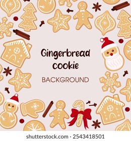 Gingerbread cookie square vector background. Copy space in the middle christmas greeting card.