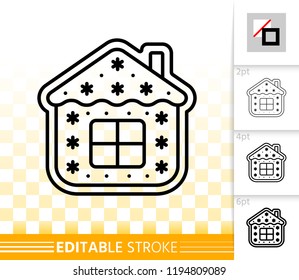 Gingerbread cookie thin line icon. Outline sign of house. Christmas linear pictogram with different stroke width. Simple vector transparent symbol. Cookie template editable stroke icon without fill