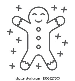 Gingerbread cookie thin line icon, christmas and sweets, xmas dessert sign, vector graphics, a linear pattern on a white background, eps 10.