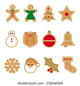 Gingerbread cookie vector icon set. Collection of twelve gingerbread cookie symbols vector illustration.