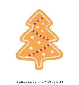 Gingerbread cookie, vector Illustration. Christmas tree-shaped pastry with the ornament of icing - homemade sweet holiday ginger baking, isolated on white.