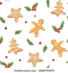 Gingerbread cookie vector seamless pattern design hand-drawn ginger-man, star, Christmas tree, holly leaves and berries, childish style - fabric, wrapping, textile, wallpaper, apparel design for kids.