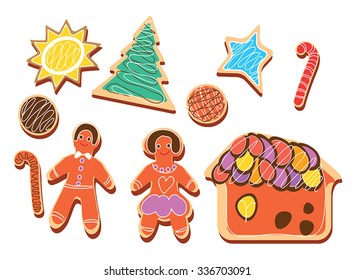 Gingerbread cookie vector set -  gingerbread man, Gingerbread House,cute sticks, round chocolate cookie, christmas tree, sun ans star. Christmas market symbol. As sign, festive food icon. Isolated.