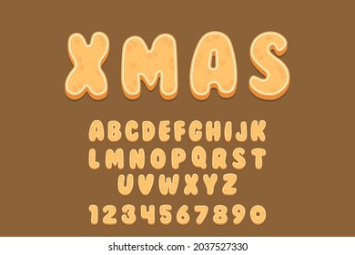 Gingerbread Cookies alphabet font. Cartoon letters and numbers with icing sugar covering. Vector illustration for your design.