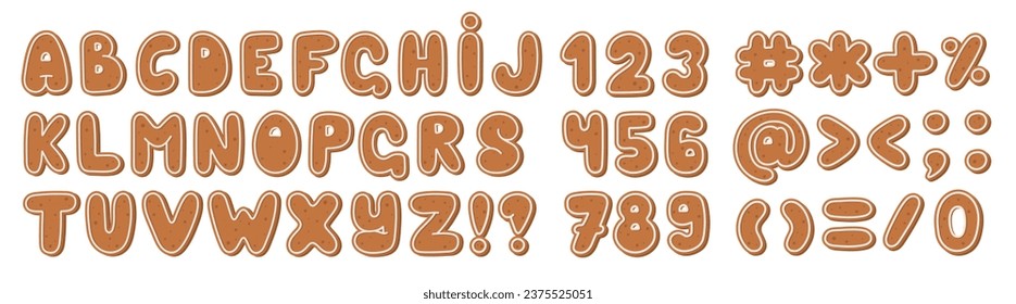 Gingerbread cookies alphabet, numbers, and symbols. Set of Christmas letters. Vector.