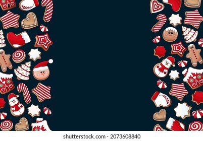 Gingerbread cookies background. Christmas cookies banner. Many types christmas sweets. Happy New Year delicious pattern. Gingerbread house, gingerbread man cookies backdrop. Christmas glazed cookie wa