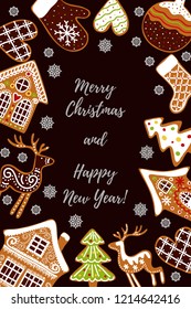 Gingerbread cookies background with an editable blank space in the middle. Christmas greeting card template. Vector illustration.