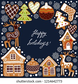 Gingerbread cookies background with an editable blank space in the middle. Christmas greeting card template. Vector illustration.