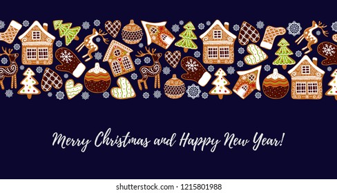 Gingerbread cookies background with an editable blank space in the middle. Christmas greeting card template. Vector illustration.